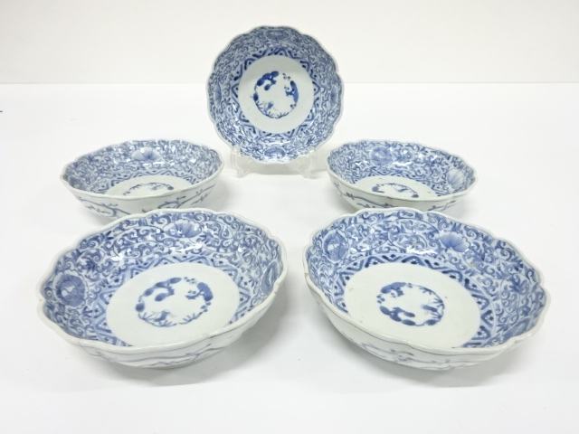 古伊万里　染付　線描き花唐草　なます皿　5客